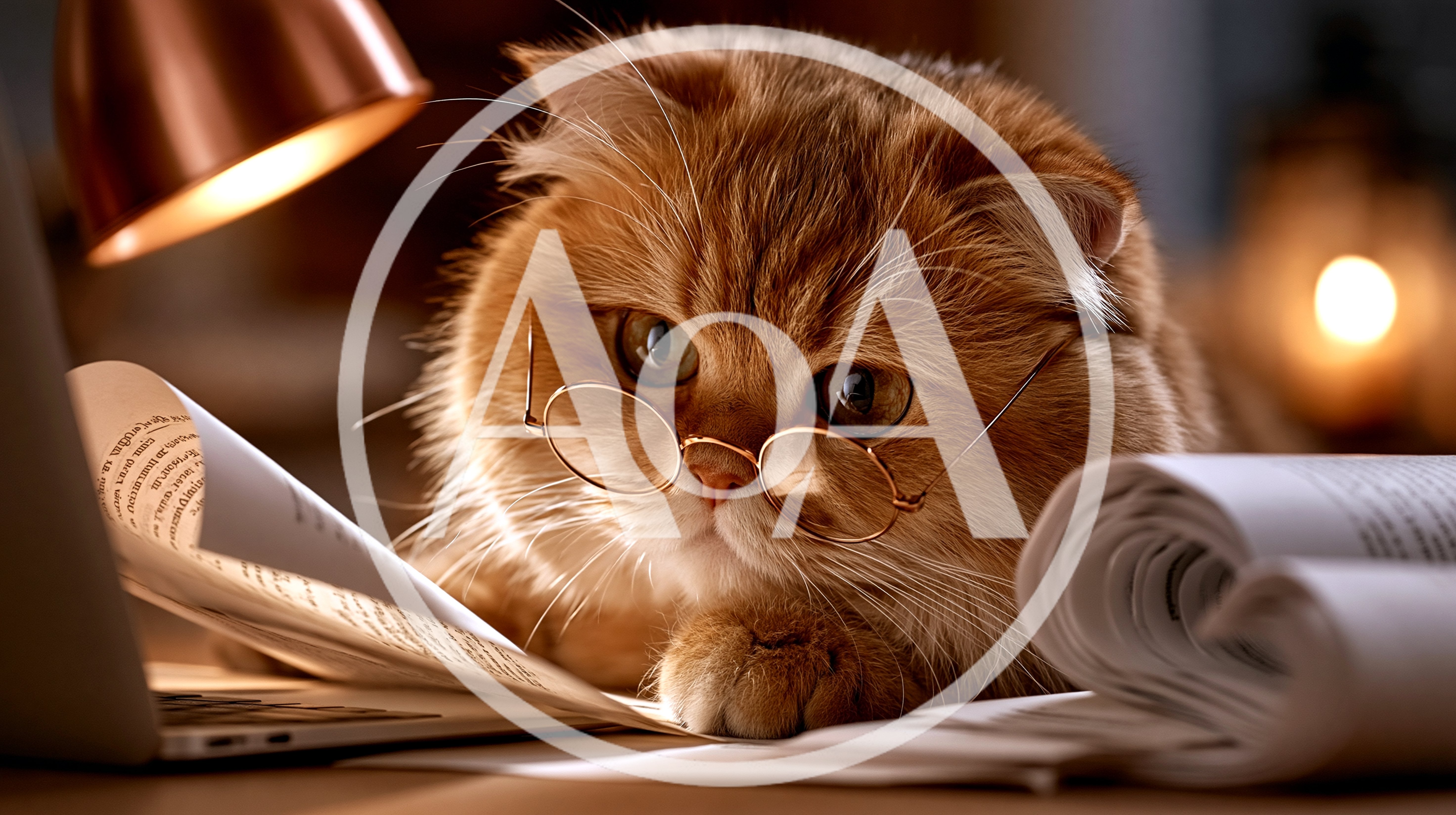 Ginger Cat Wearing Glasses Reading Documents