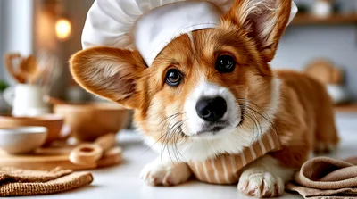 Adorable Corgi Puppy Wearing A Chef Hat In Kitchen