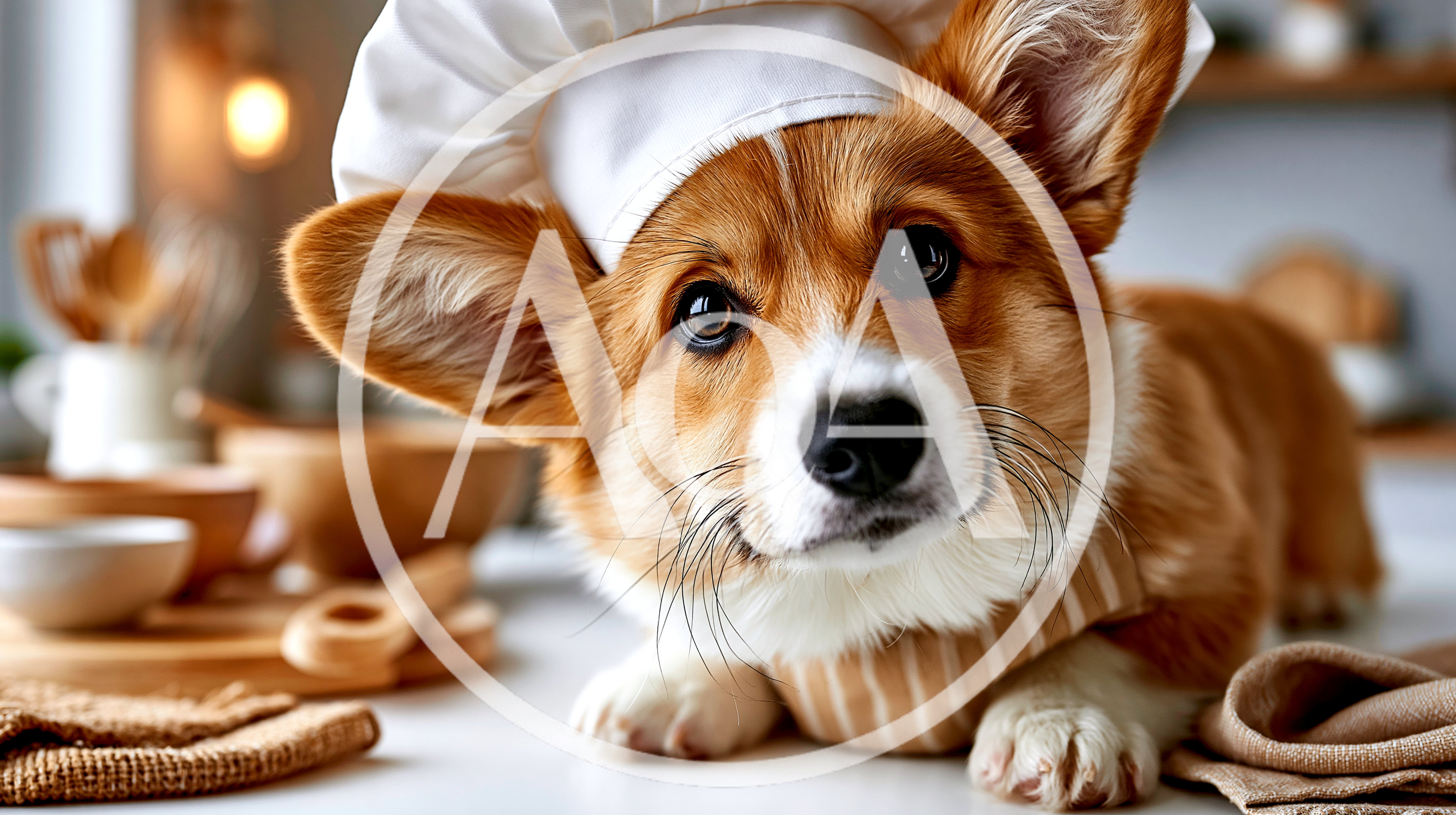 Adorable Corgi Puppy Wearing A Chef Hat In Kitchen