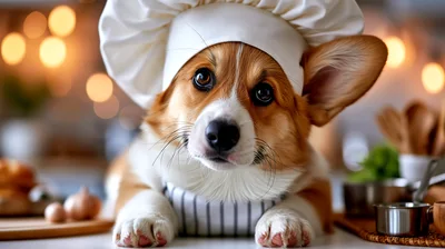 Adorable Corgi Puppy Wearing A Chef Hat And Apron