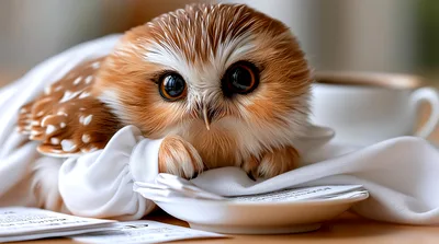 Cute Saw-Whet Owl Resting On A White Cloth
