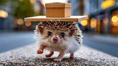 Hedgehog Balancing A Small Cardboard Box On Head