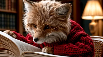 Anthropomorphic Fox Wearing Glasses Reading A Book