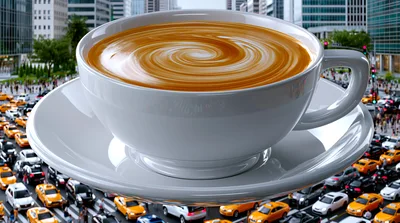 Surreal Coffee Cup Floating Above Busy City Traffic