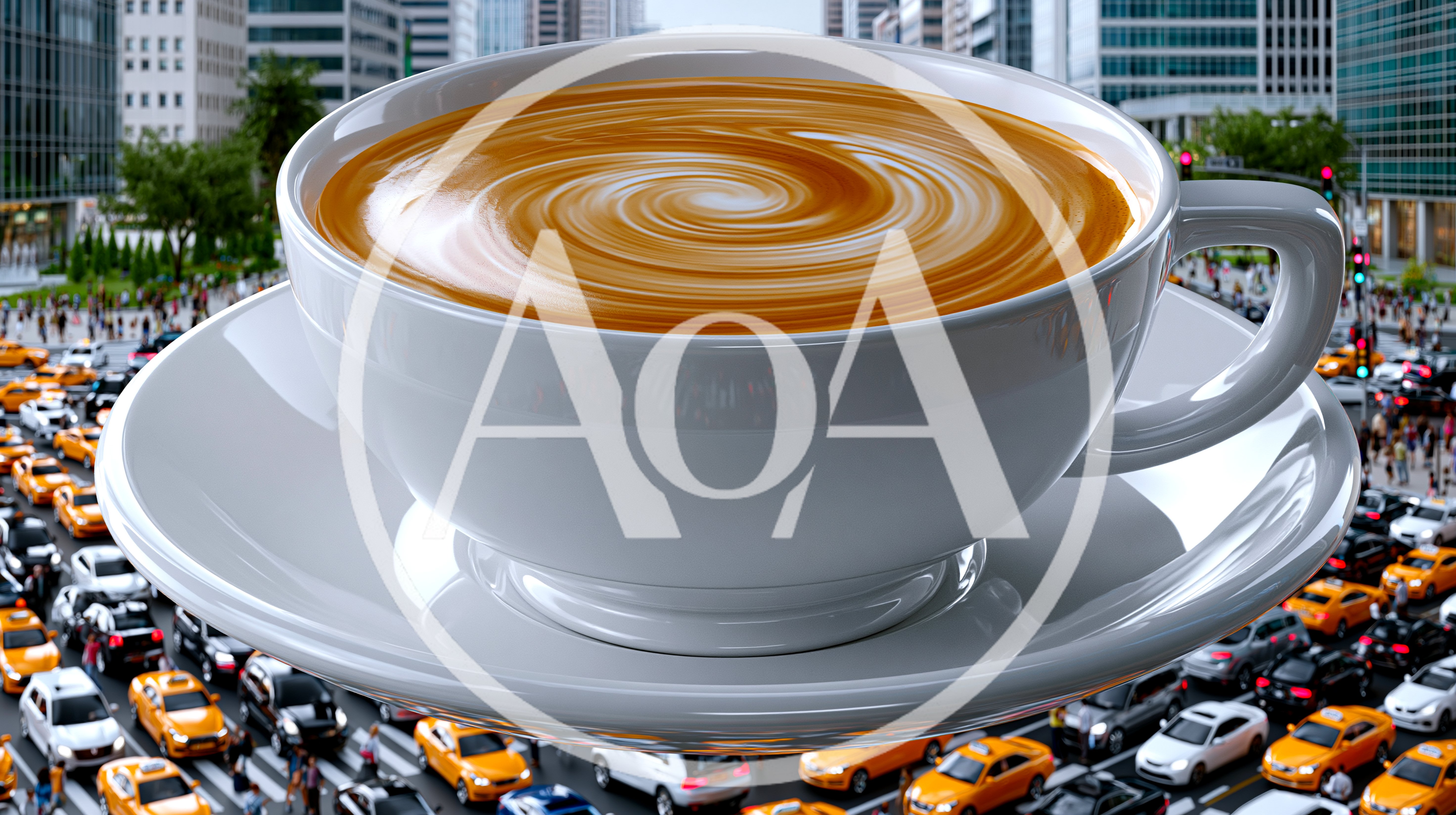 Surreal Coffee Cup Floating Above Busy City Traffic