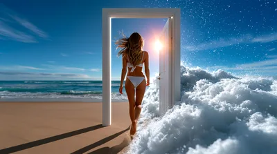 Woman Walking Through A Doorway Onto A Beach