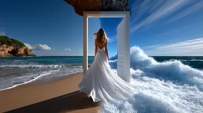 Surreal Woman In White Dress Stepping Through Doorway