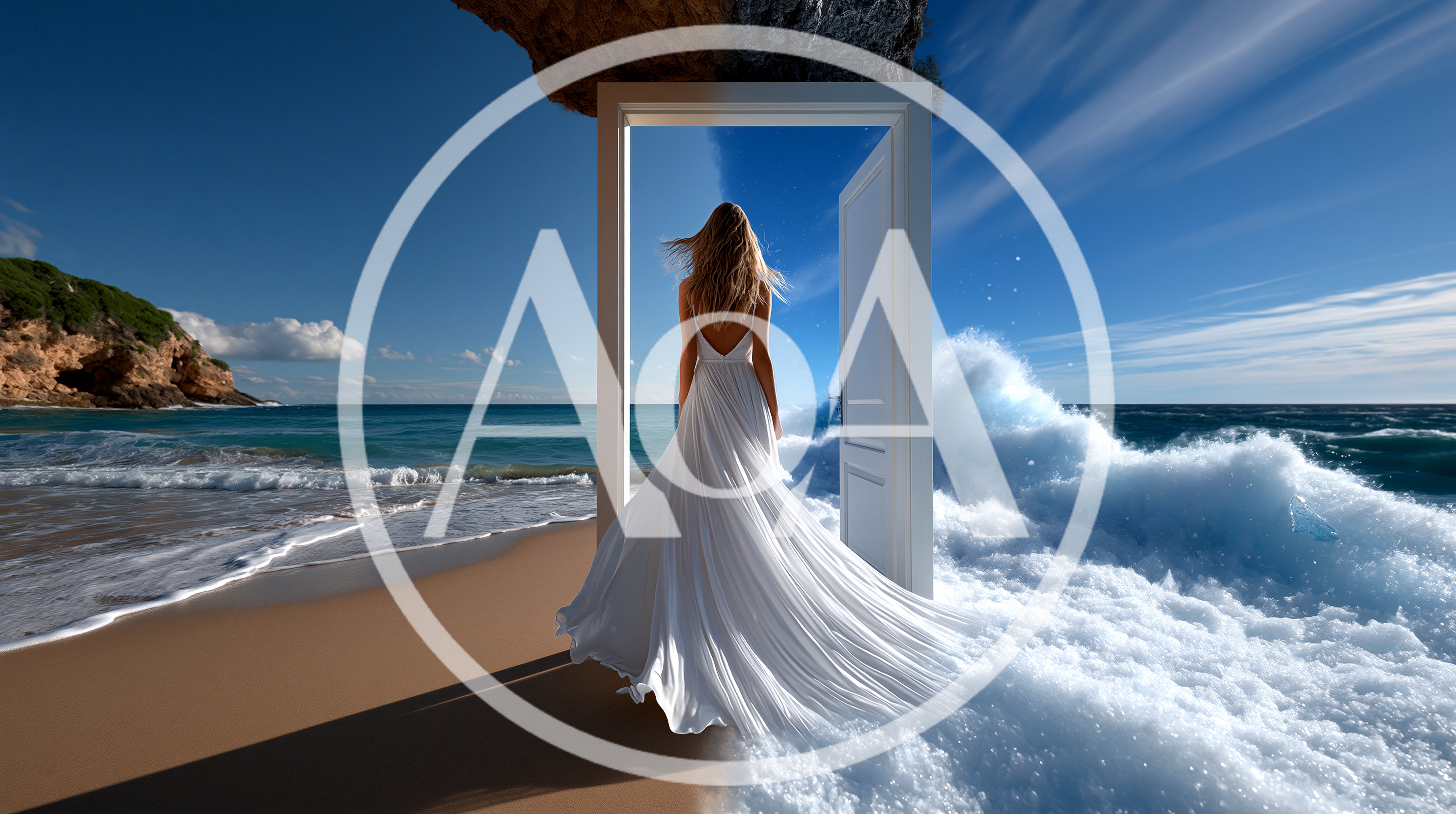 Surreal Woman In White Dress Stepping Through Doorway