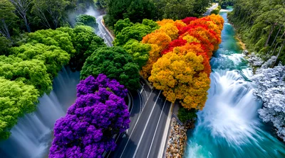 Aerial View Of A Colorful Forest Road And Waterfall
