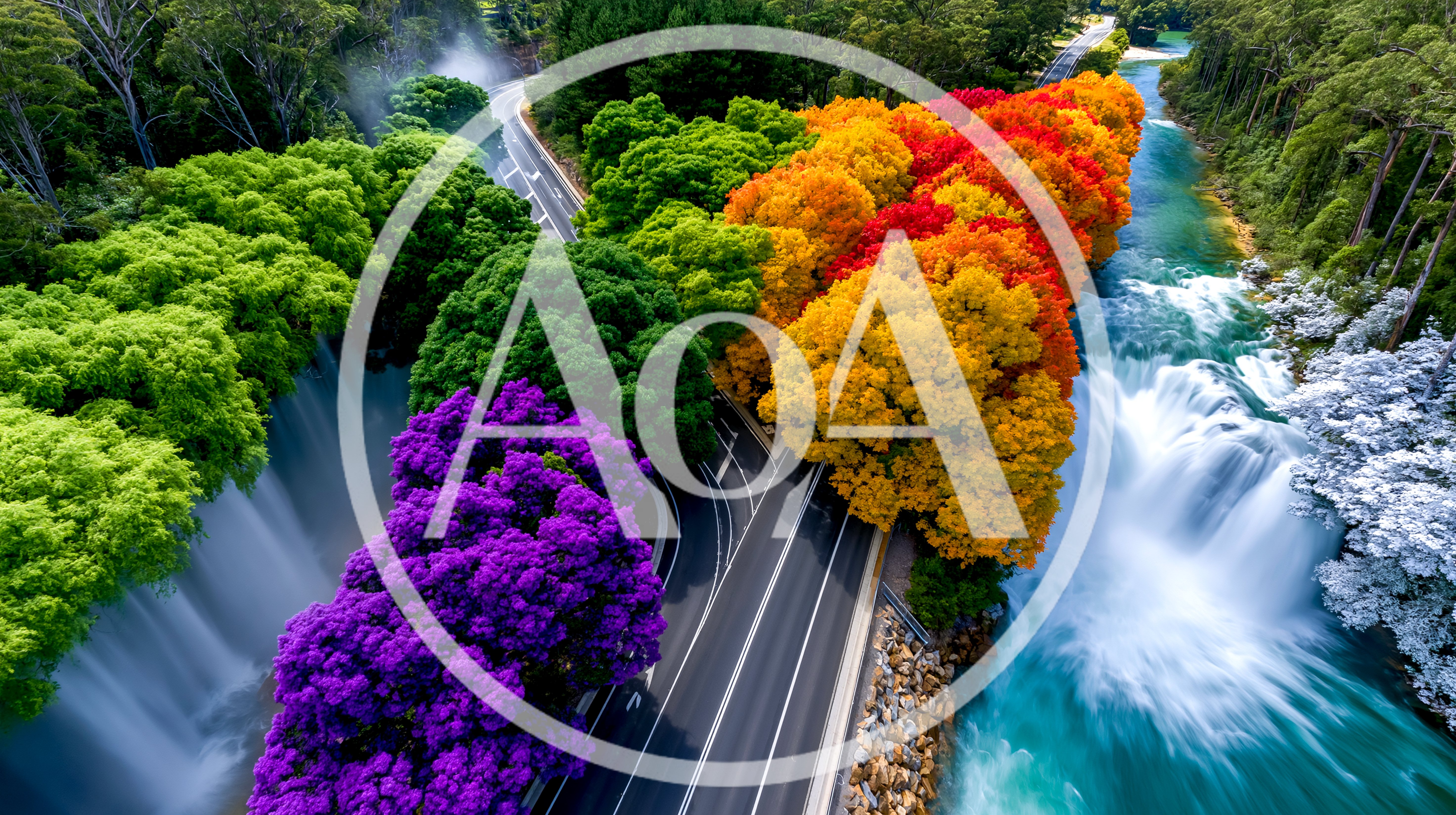 Aerial View Of A Colorful Forest Road And Waterfall