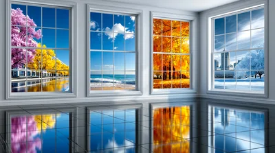 Four Seasons View Through Modern Room Windows