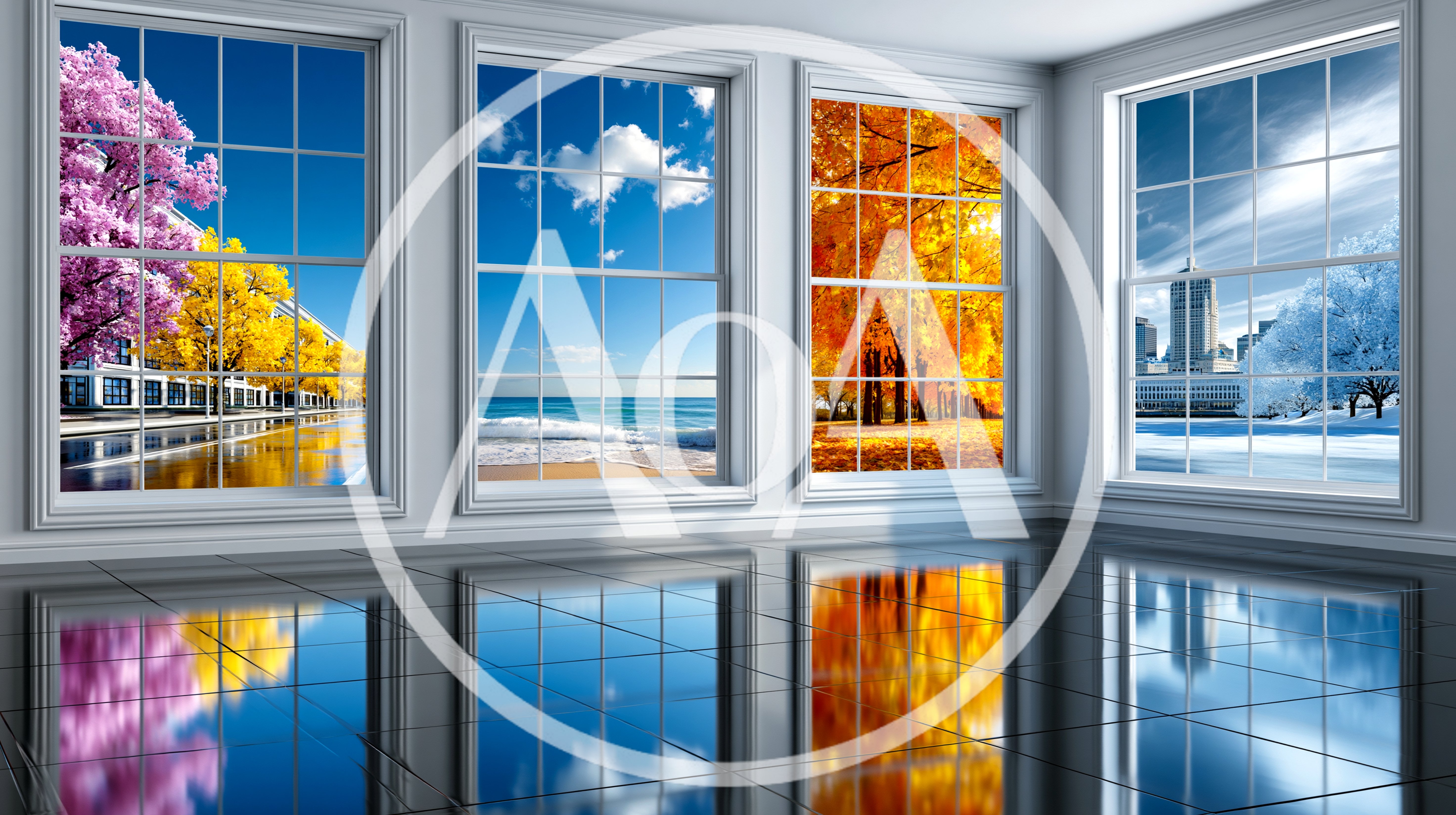 Four Seasons View Through Modern Room Windows
