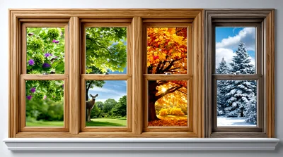 Four Seasons View Through A Wooden Window Frame