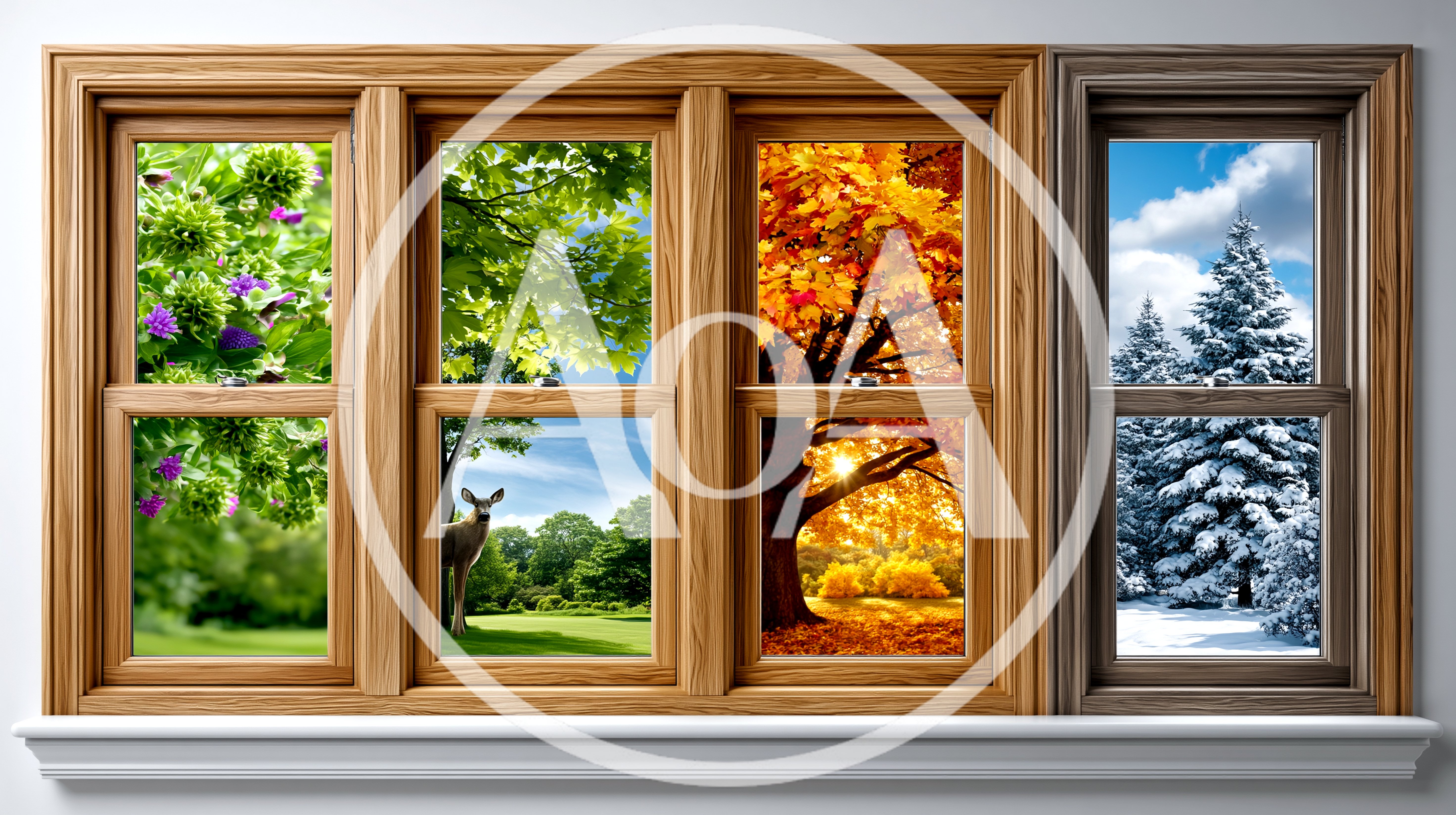 Four Seasons View Through A Wooden Window Frame