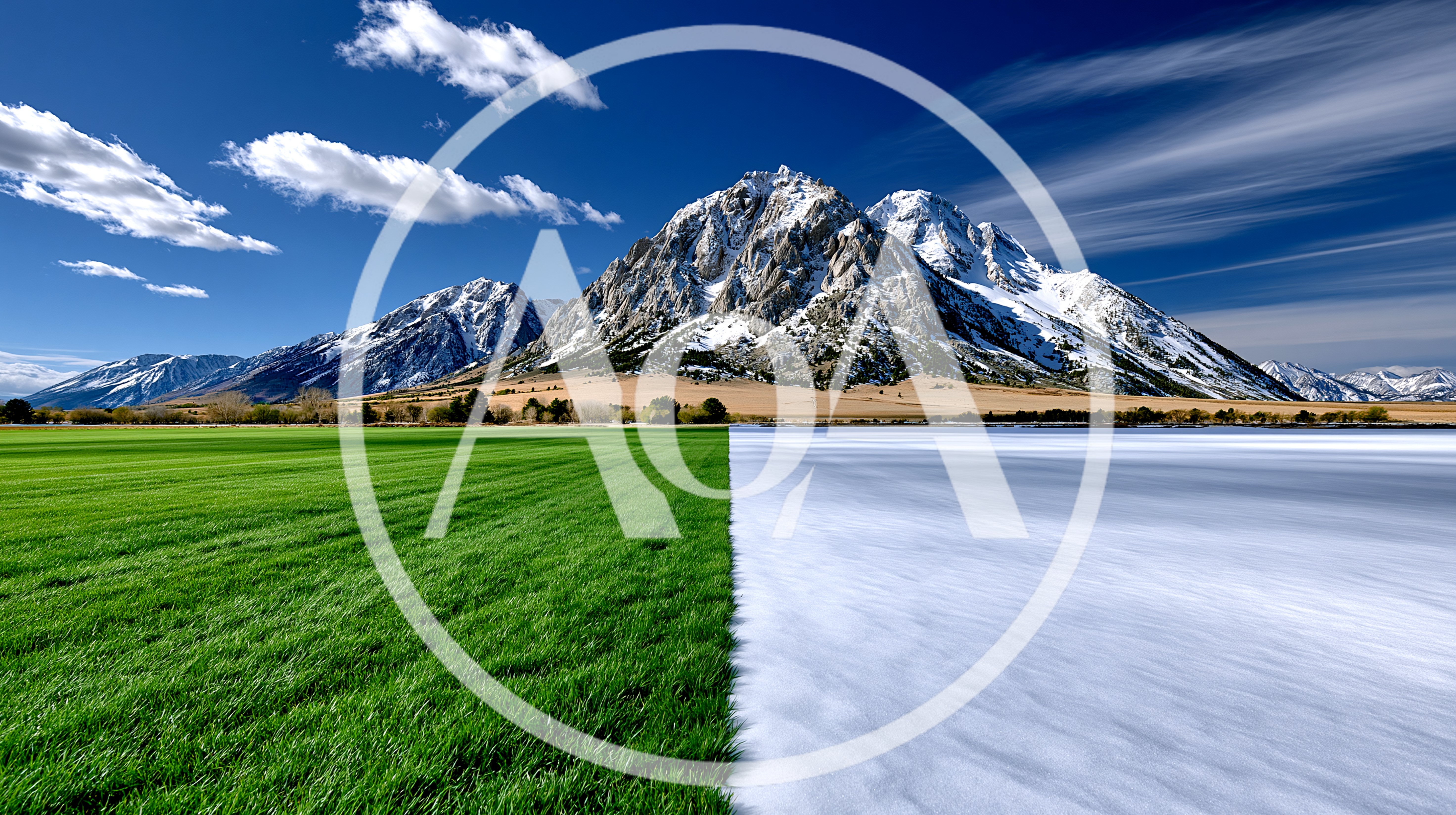 Split Screen Landscape Showing Summer Grass And Winter Snow