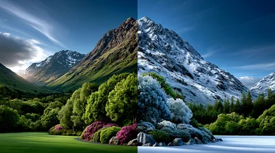 Split Screen Landscape Showing Summer And Winter Seasons