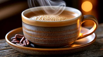 Steaming Cup Of Coffee With Roasted Beans