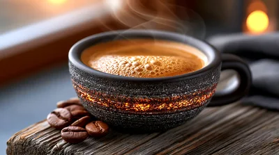 Steaming Cup Of Espresso With Coffee Beans