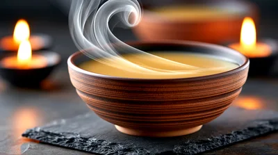 Steaming Bowl Of Warm Soup With Candles