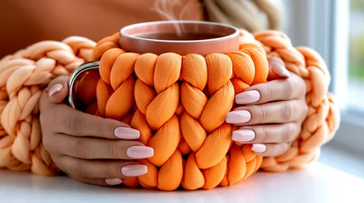 Woman Holding A Warm Mug In A Chunky Knit Cozy
