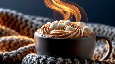 Hot Chocolate With Marshmallows In A Knitted Mug