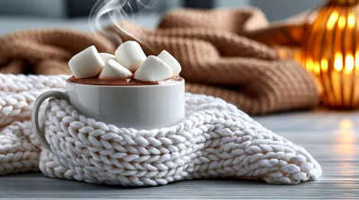 Hot Chocolate With Marshmallows In A Knitted Mug Cozy