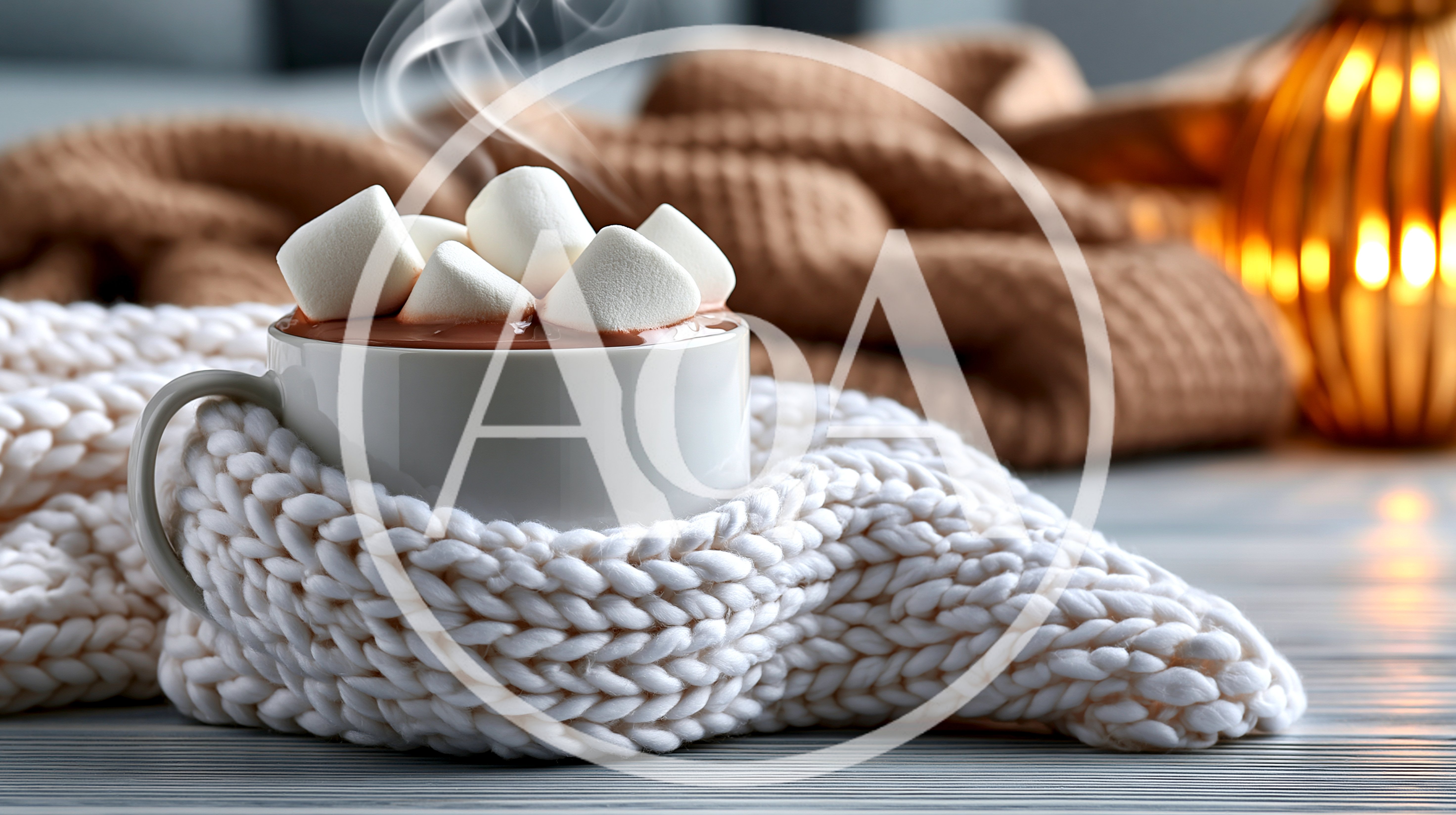 Hot Chocolate With Marshmallows In A Knitted Mug Cozy