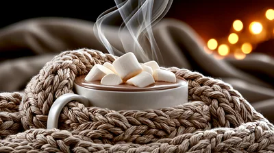 Hot Cocoa With Marshmallows In A Knitted Scarf