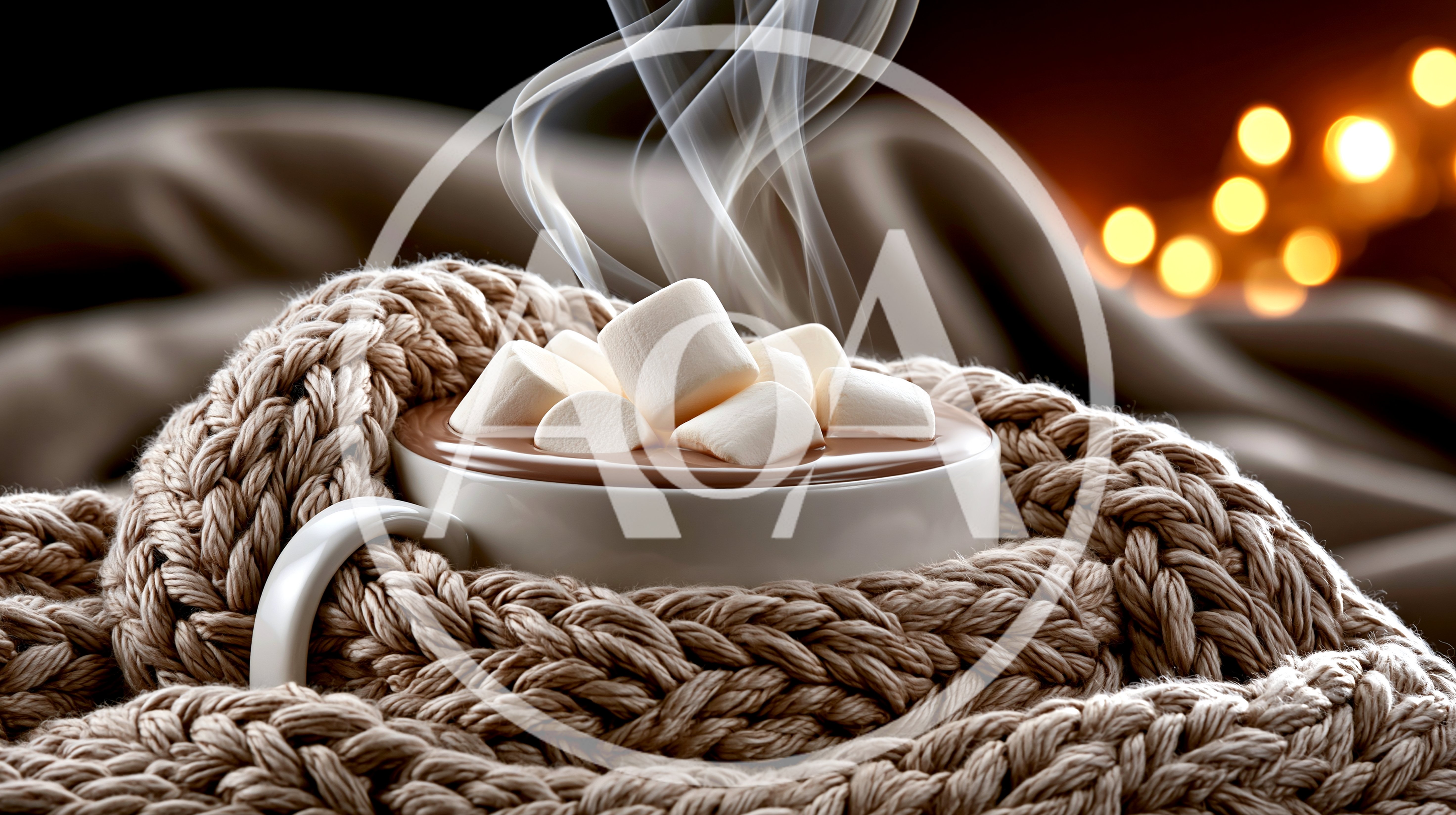 Hot Cocoa With Marshmallows In A Knitted Scarf