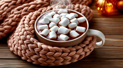 Hot Chocolate With Marshmallows In A Knitted Scarf