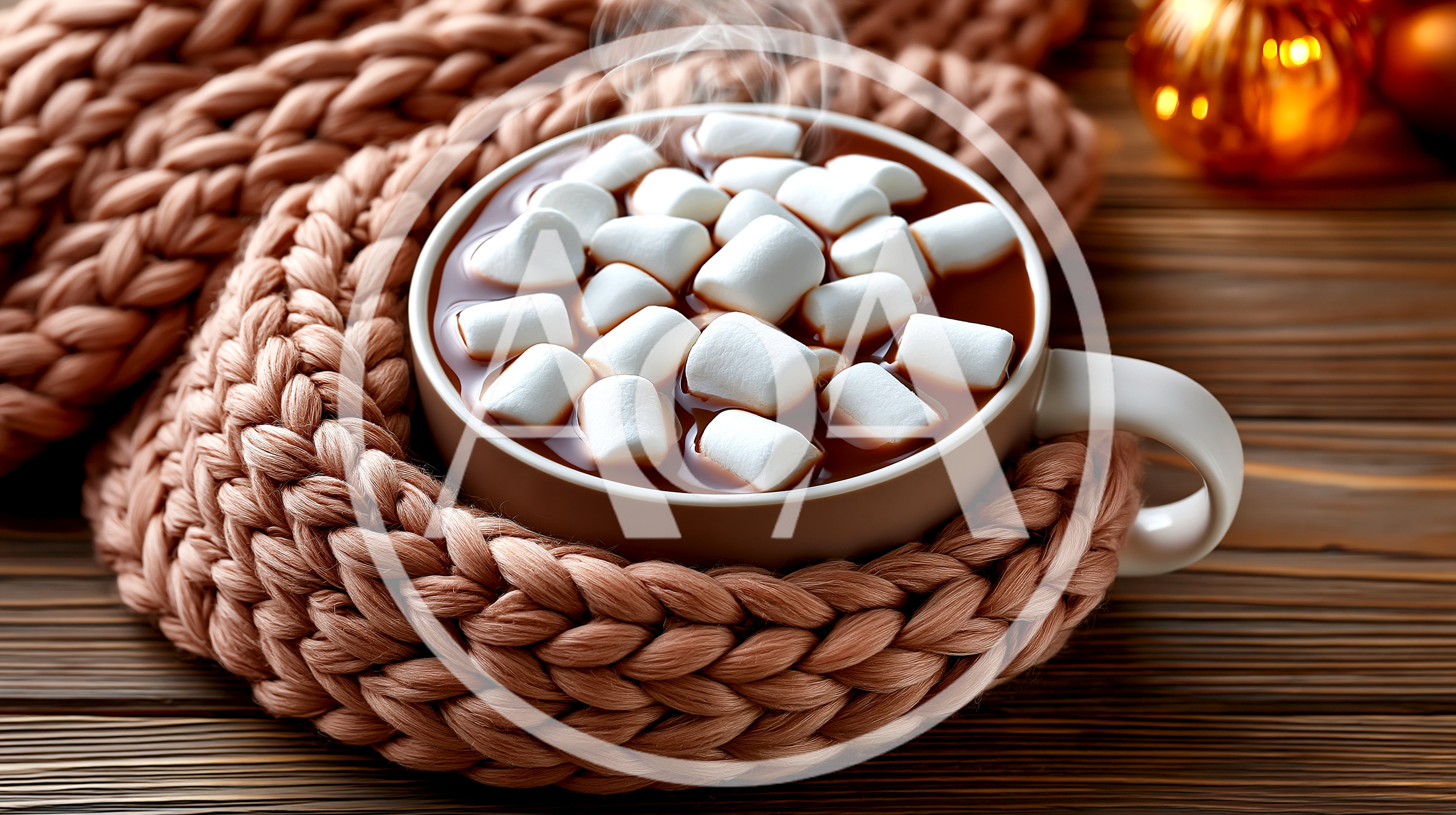Hot Chocolate With Marshmallows In A Knitted Scarf