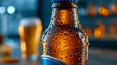 Cold Beer Bottle With Condensation In A Bar