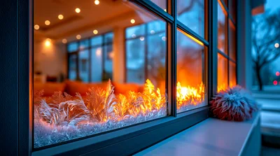 Frosty Window Pane With Warm Interior Lighting