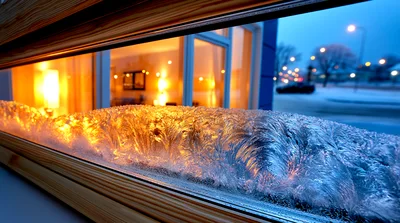 Frost Patterns On A Window Overlooking A Snowy Street