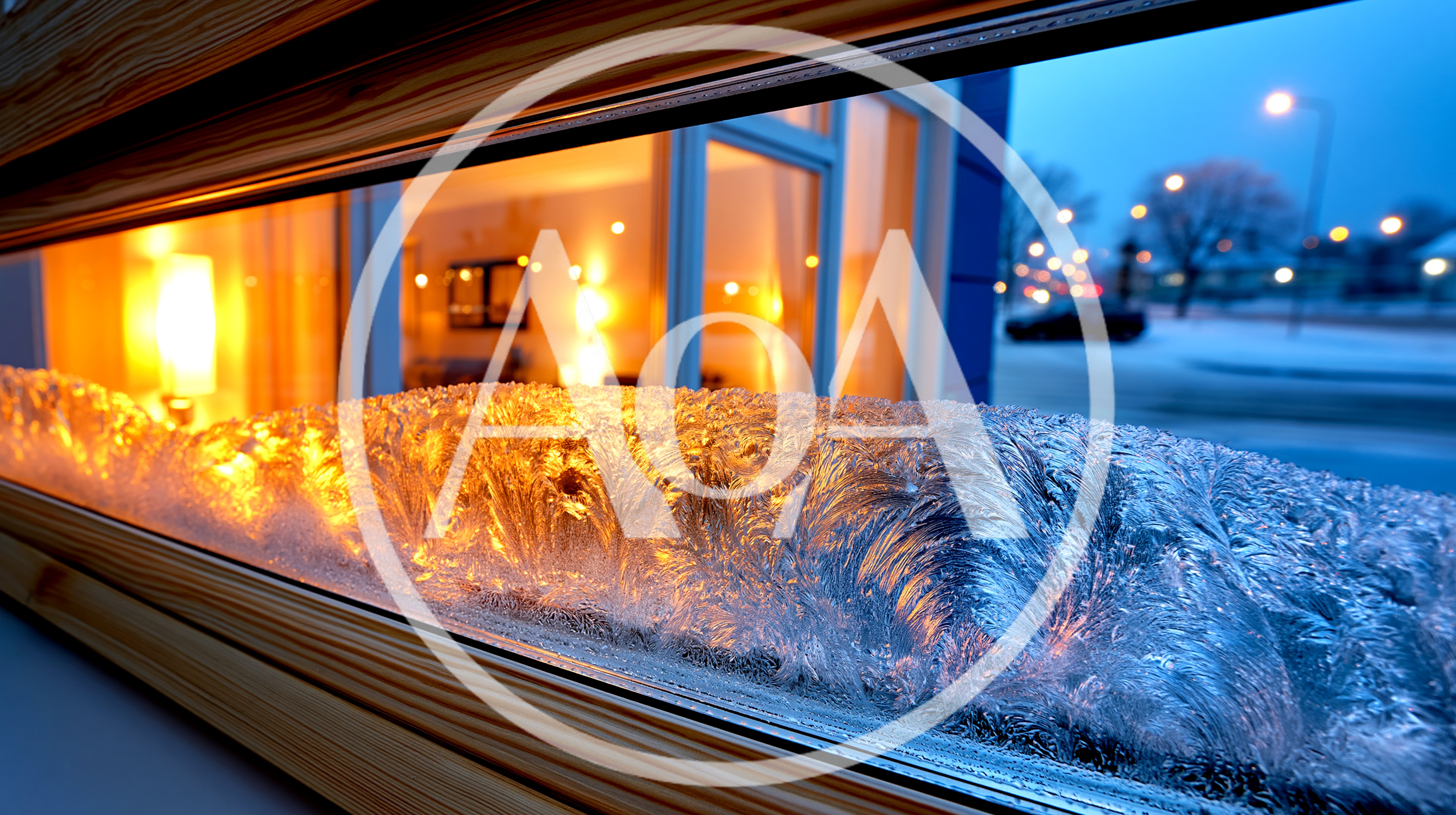 Frost Patterns On A Window Overlooking A Snowy Street