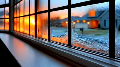 Frosty Window Pane During A Golden Hour Sunset