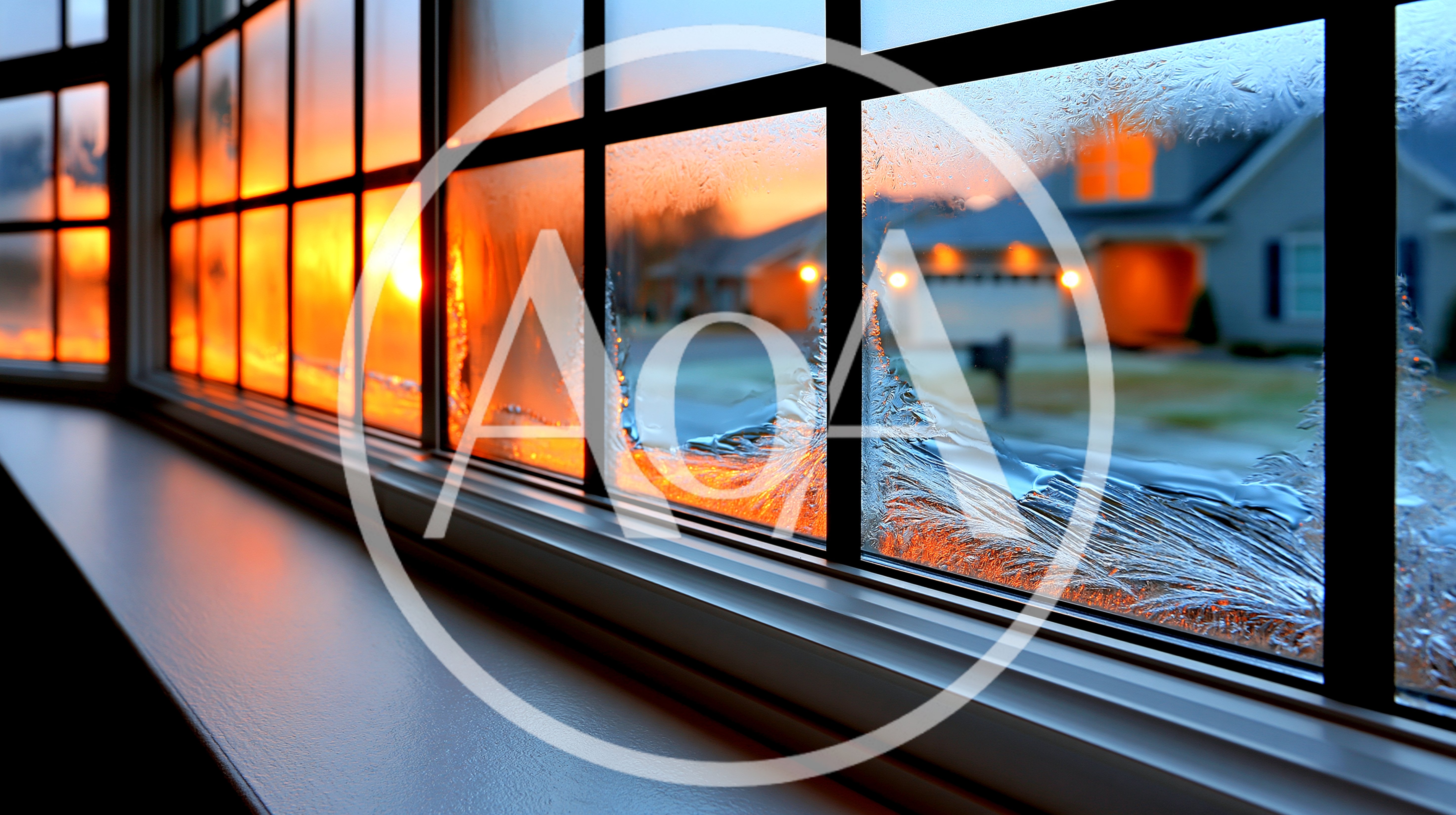 Frosty Window Pane During A Golden Hour Sunset