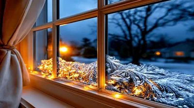 Frosty Window Pane With Warm Christmas Fairy Lights