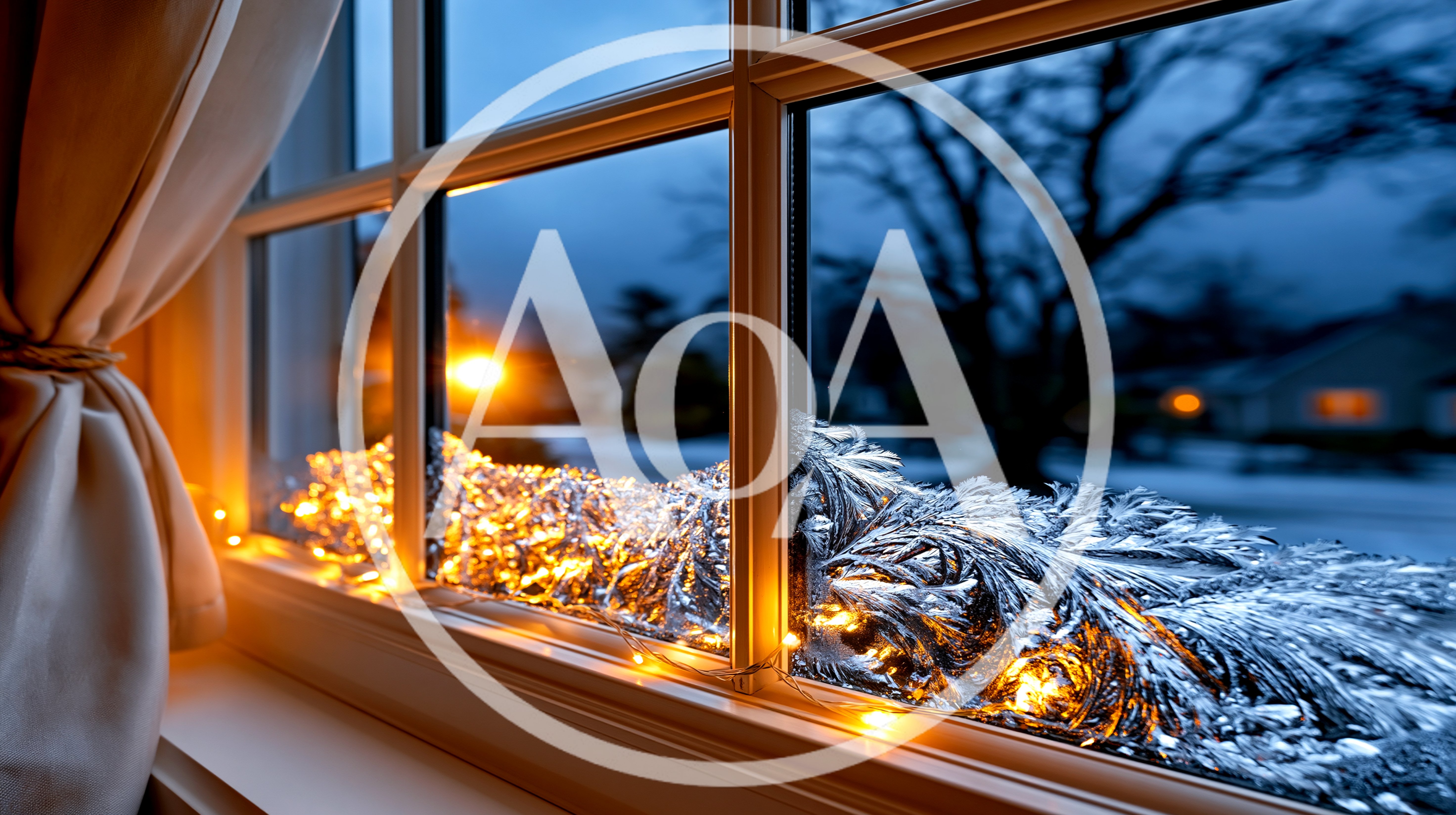 Frosty Window Pane With Warm Christmas Fairy Lights