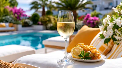 White Wine Glass And Grapes By A Swimming Pool