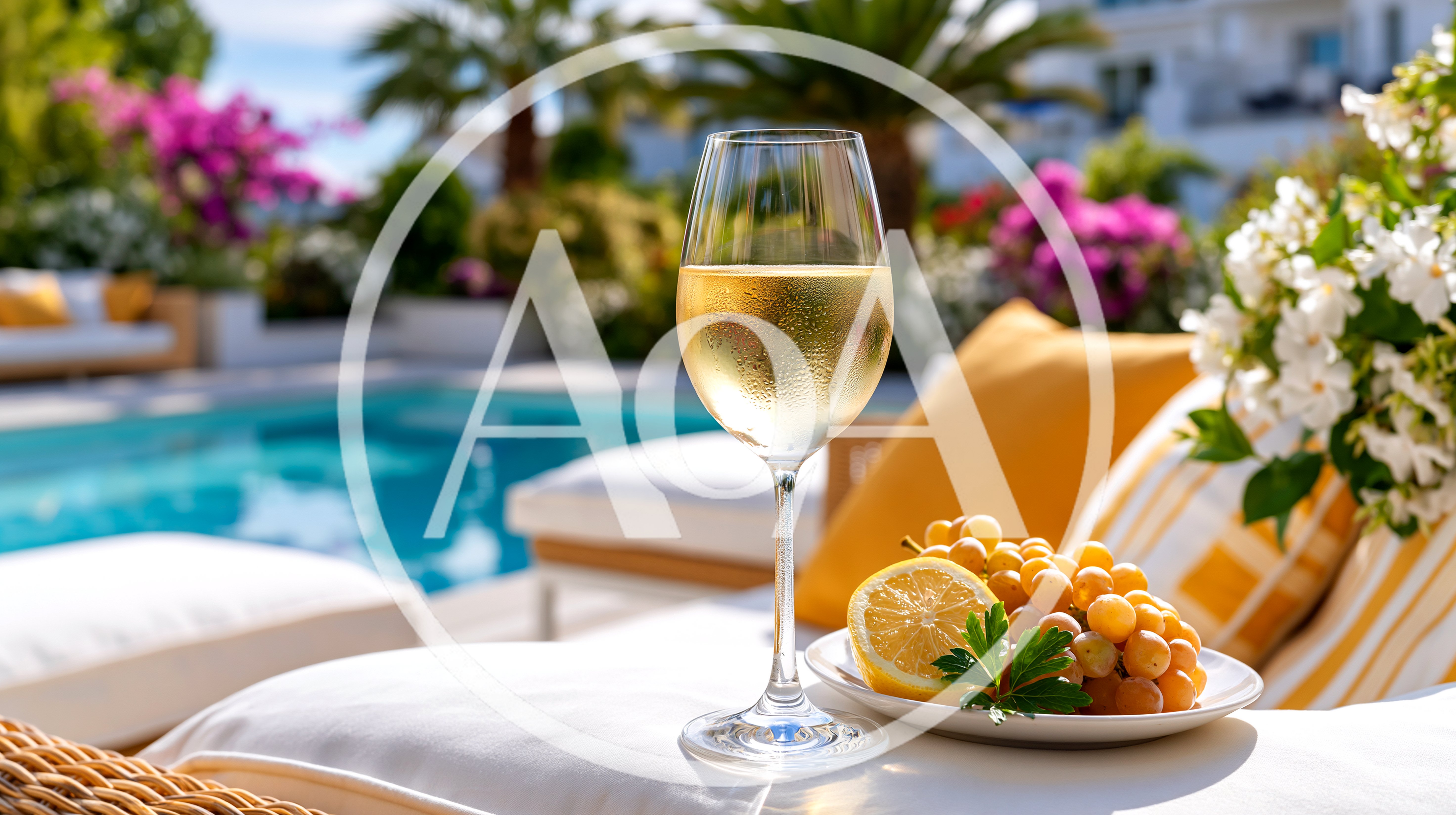 White Wine Glass And Grapes By A Swimming Pool