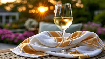 Glass Of White Wine On A Striped Towel