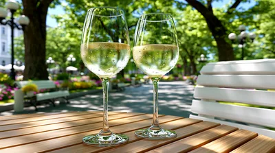 Two Glasses Of White Wine On A Park Table