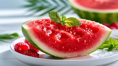 Fresh Watermelon Slice With Raspberries And Mint
