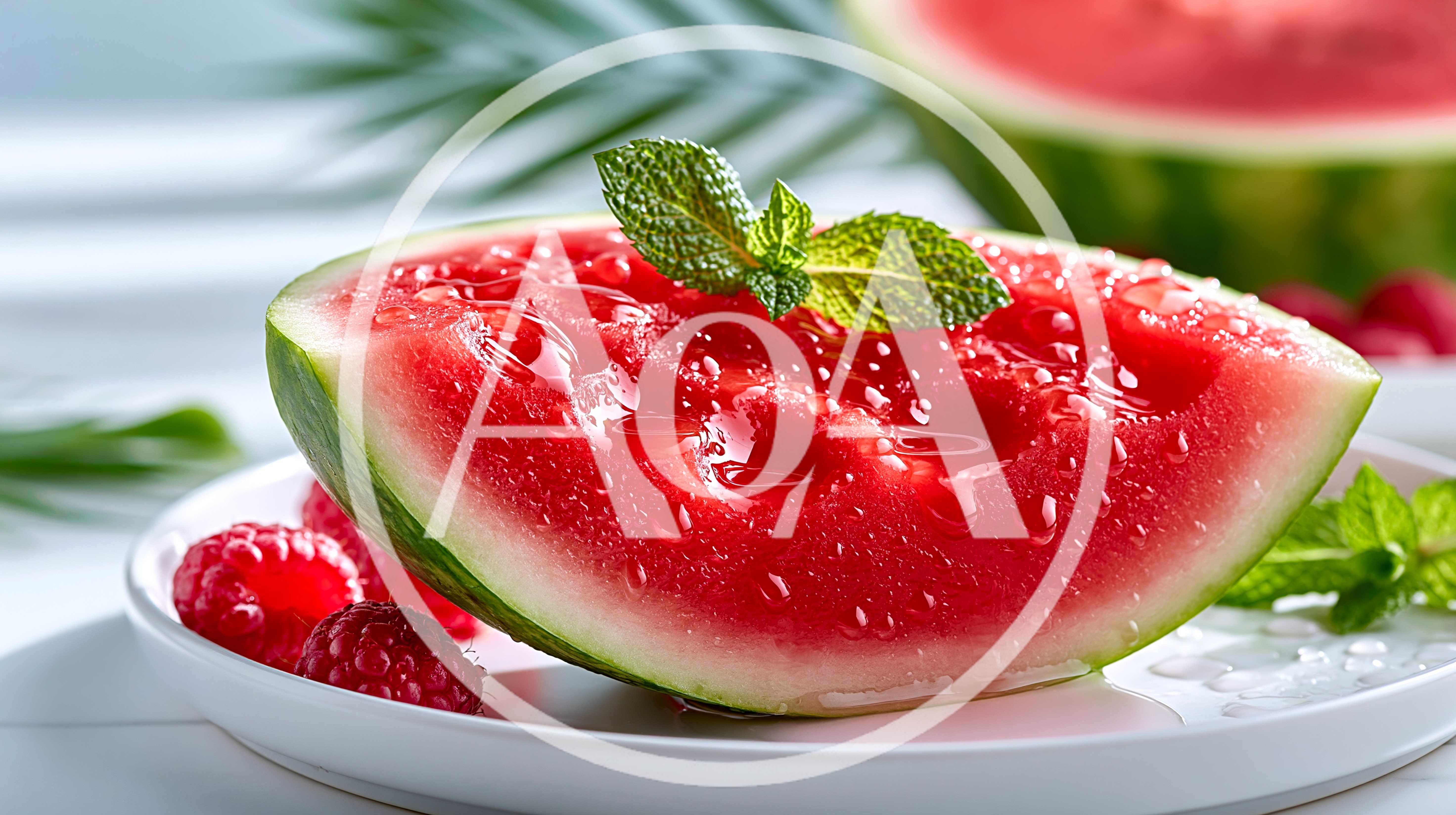 Fresh Watermelon Slice With Raspberries And Mint