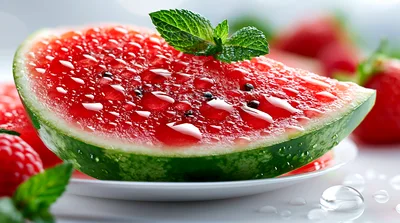 Fresh Watermelon Slice With Mint Leaves On Plate