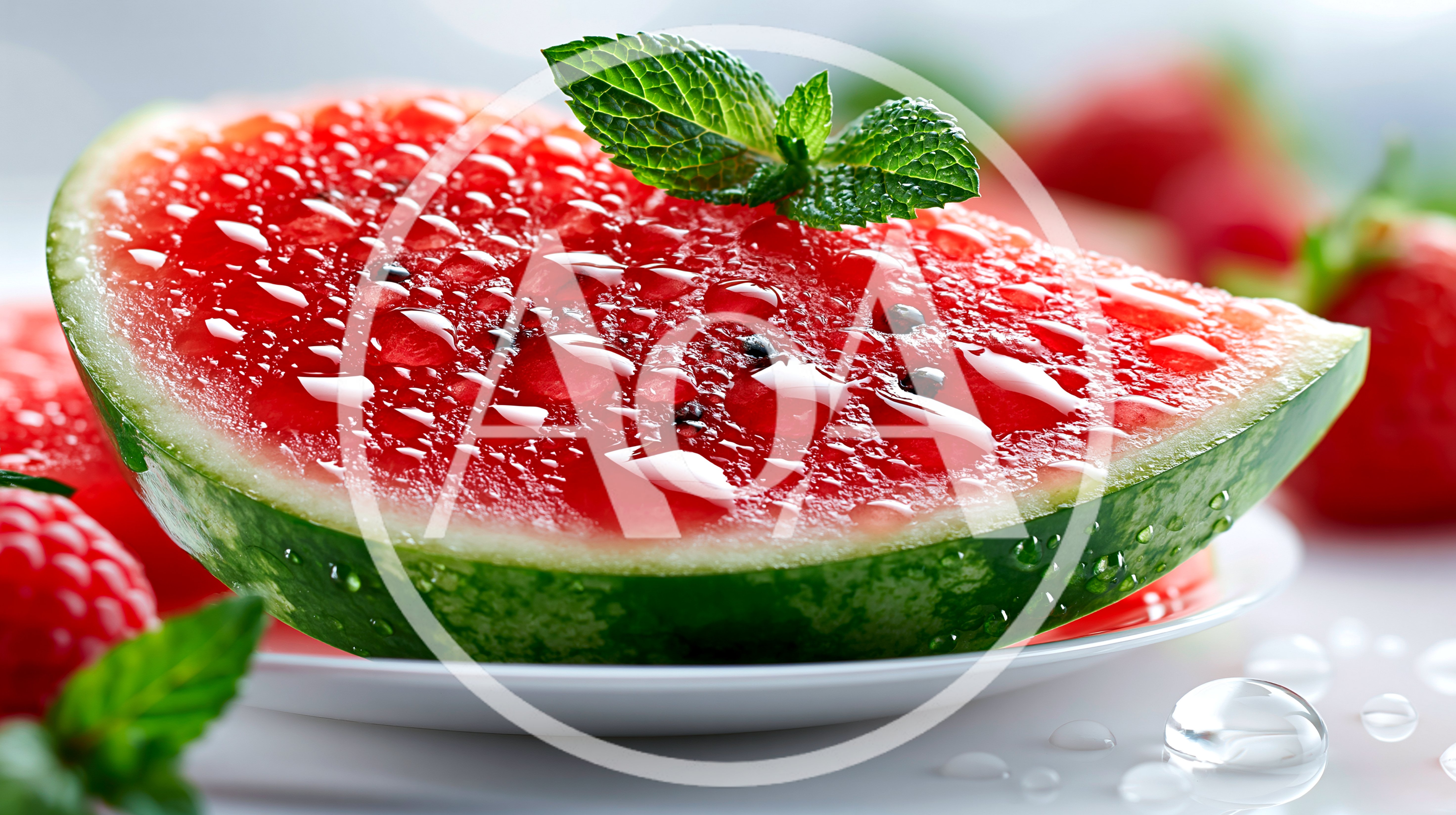 Fresh Watermelon Slice With Mint Leaves On Plate