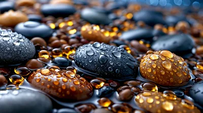 Wet Smooth Pebbles With Water Droplets