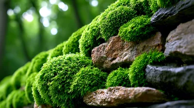 Lush Green Moss Growing On Stacked Stone Wall