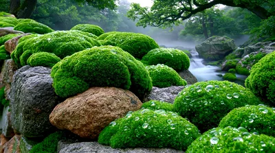 Lush Green Moss Growing On River Rocks